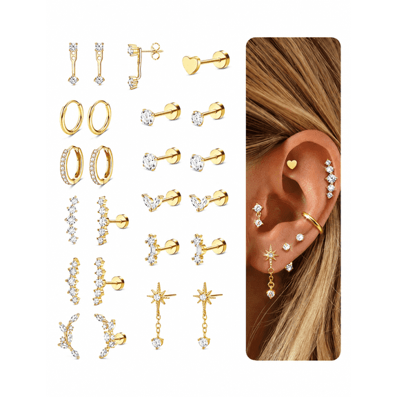 Hypoallergenic Flat Back Earrings-Cartilage Earring Stacks-Surgical Steel Earrings for Sensitive Ears - Small Stainless Steel Flatback Stud Hoop Earring Sets