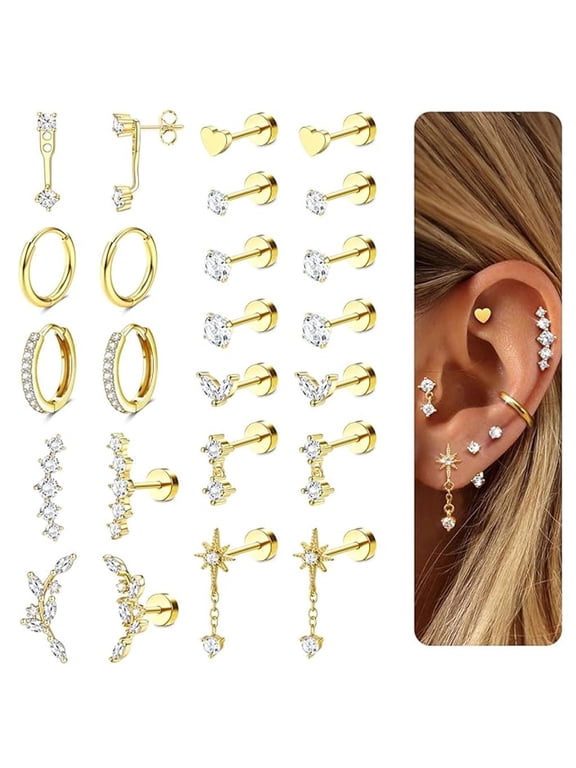 Hypoallergenic Flat Back Earrings-Cartilage Earring Stacks-Surgical Steel Earrings for Sensitive Ears - Small Stainless Steel Flatback Stud Hoop Earring Sets for Helix Tragus Conch Daith Multiple Pi