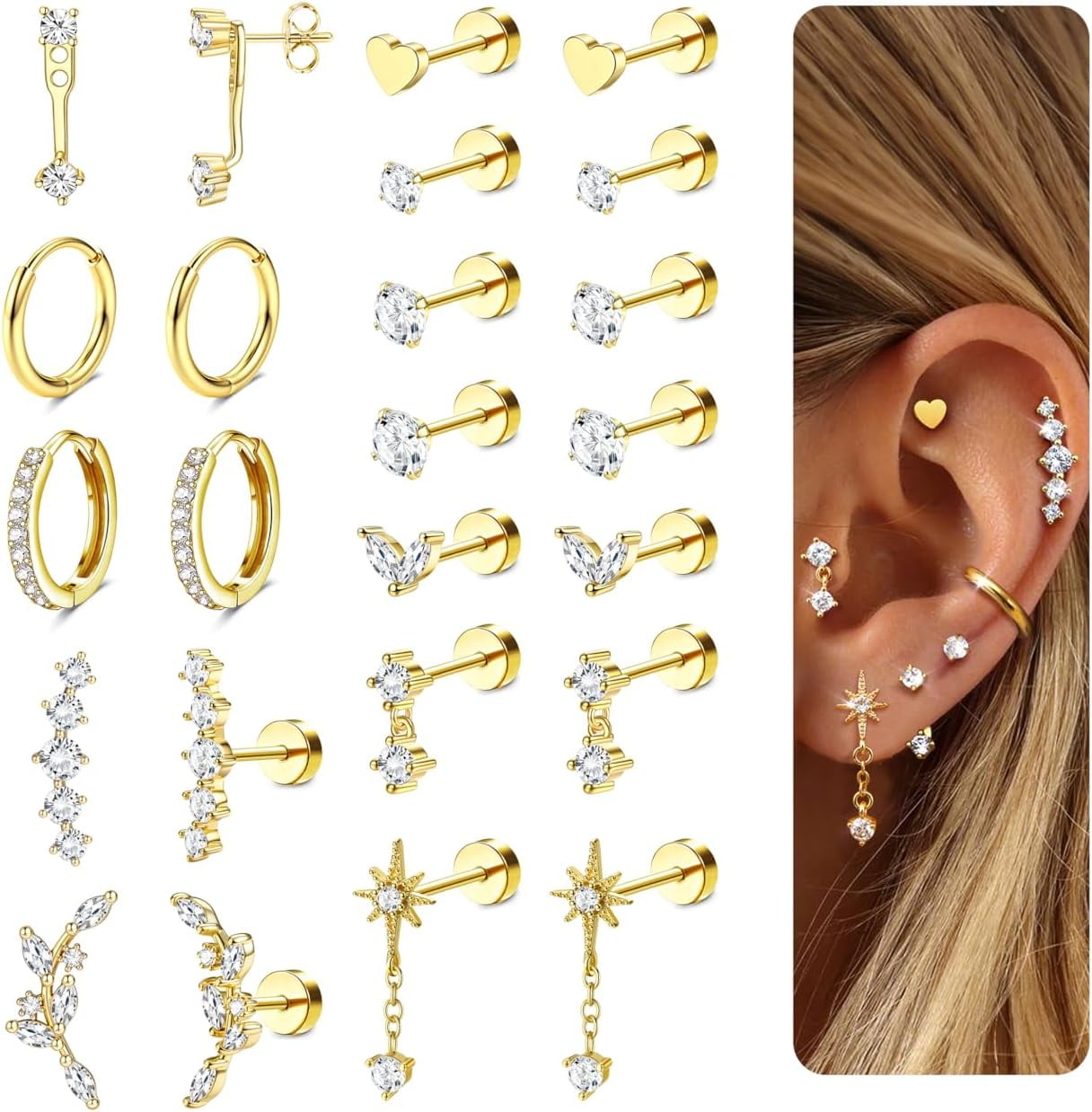 Hypoallergenic Flat Back Earrings-Cartilage Earring Stacks-Surgical Steel Earrings for Sensitive Ears - Small Stainless Steel Flatback Stud Hoop Earring Sets for Helix Tragus Conch Daith Multiple Pie
