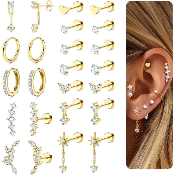 Hypoallergenic Flat Back Earrings-Cartilage Earring Stacks-Surgical Steel Earrings for Sensitive Ears - Small Stainless Steel Flatback Stud Hoop Earring Sets for Helix Tragus Conch Daith Multiple Pie