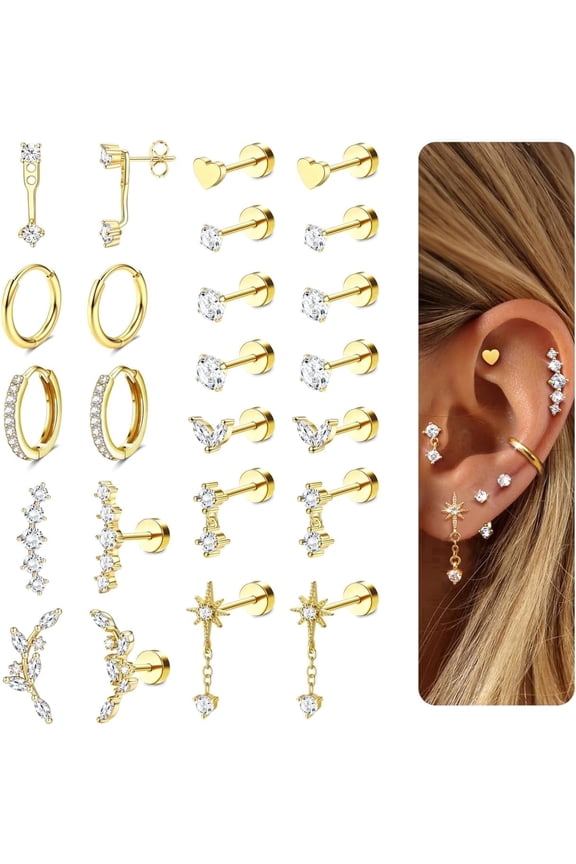 Hypoallergenic Flat Back Earrings-Cartilage Earring Stacks-Surgical Steel Earrings for Sensitive Ears - Small Stainless Steel Flatback Stud Hoop Earring Sets for Helix Tragus Conch Daith Multiple Pie