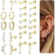 Hypoallergenic Flat Back Earrings-Cartilage Earring Stacks-Surgical Steel Earrings for Sensitive Ears - Small Stainless Steel Flatback Stud Hoop Earring Sets for Helix Tragus Conch Daith Multiple Pie