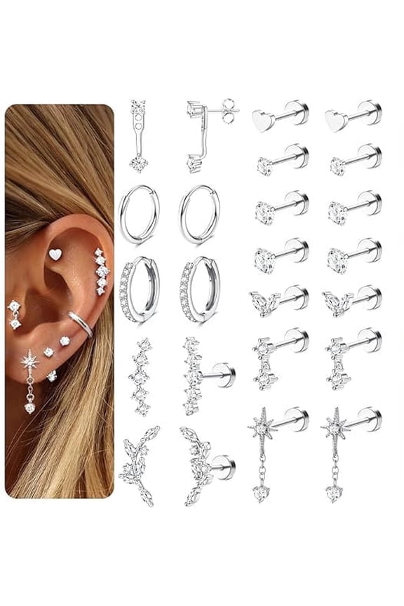 Hypoallergenic Flat Back Earrings-Cartilage Earring Stacks-Surgical Steel Earrings for Sensitive Ears - Small Stainless Steel Flatback Stud Hoop Earring Sets for Helix Tragus Conch Daith Multiple Pie
