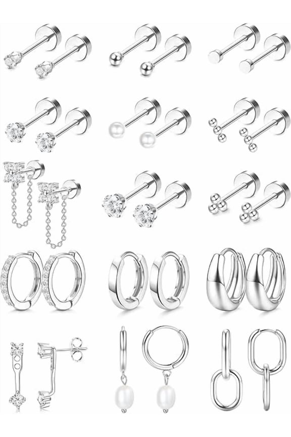 Hypoallergenic Flat Back Earrings-Cartilage Earring Stacks-Surgical Steel Earrings for Sensitive Ears - Small Stainless Steel Flatback Stud Hoop Earring Sets for Helix Tragus Conch Daith Multiple Pie