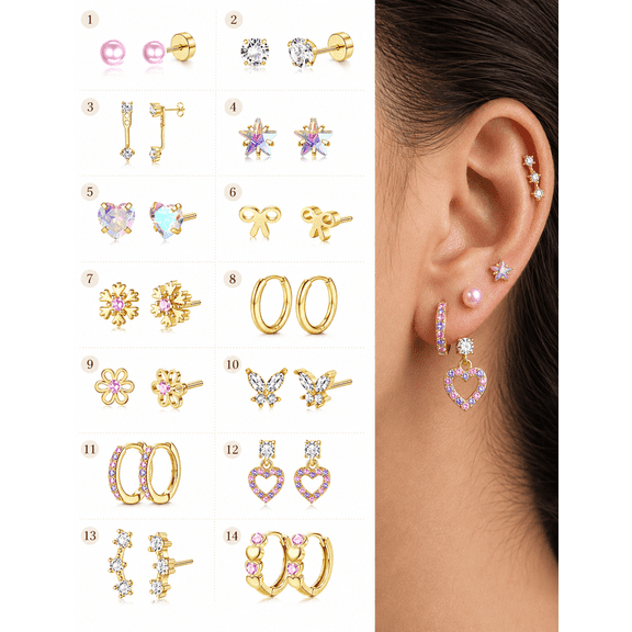 Hypoallergenic Flat Back Earrings for Women-Surgical Steel Earrings, Stainless Steel Earrings for Sensitive Ears, 20G Flatback Stud Earring Set Small Hoops Cartilage Earring Stacks 14 Pairs