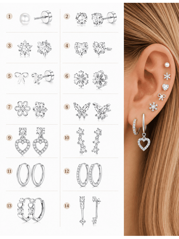 Hypoallergenic Flat Back Earrings for Women-Surgical Steel Earrings, Stainless Steel Earrings for Sensitive Ears, 20G Flatback Stud Earring Set Small Hoops Cartilage Earring Stacks 14 Pairs