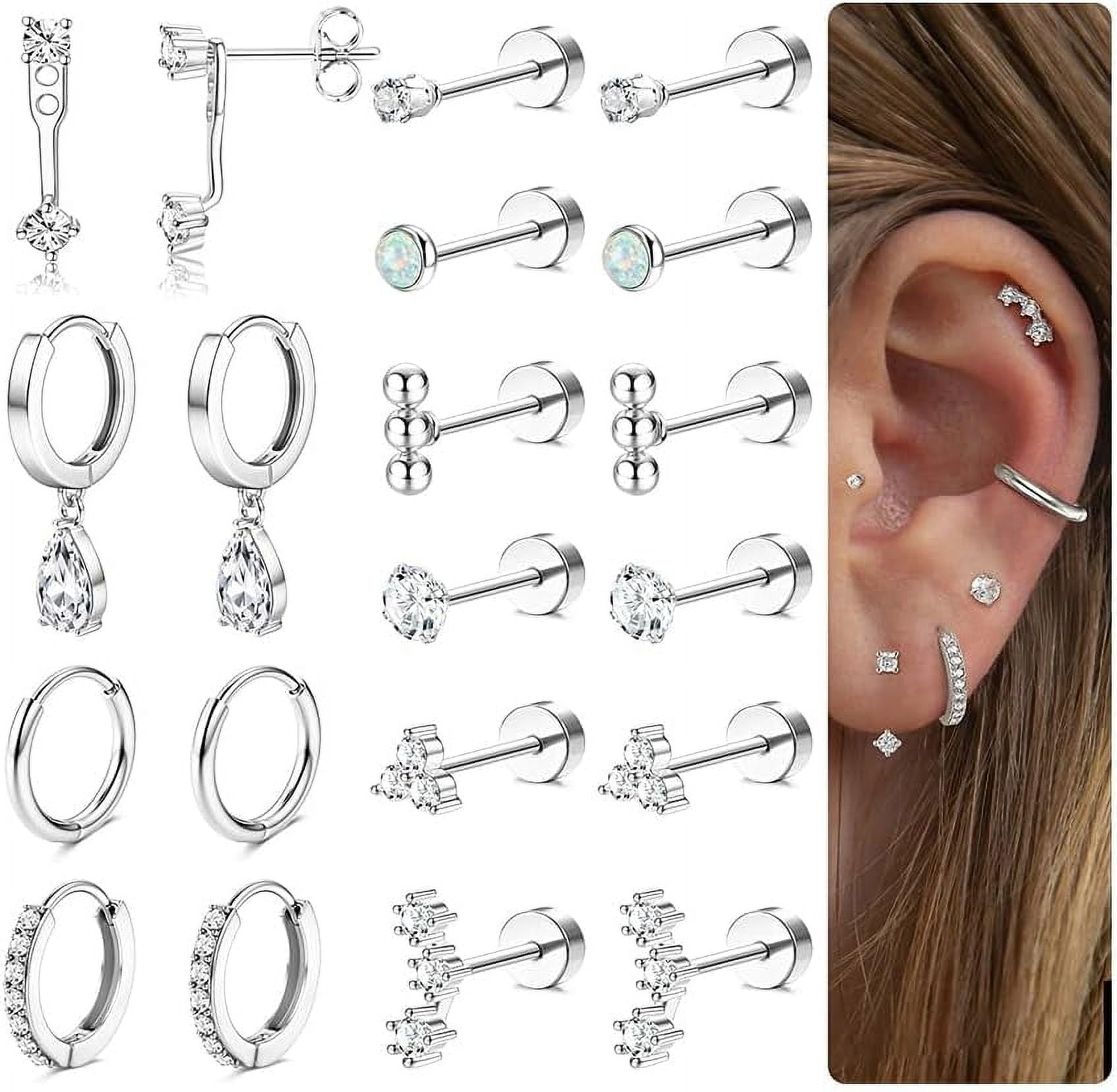 Hypoallergenic Flat Back Earrings Gold Cartilage Earring Sets for Multiple Piercing 20G Surgical Stainless Steel Earrings for Women Trendy Earring Stacks Small Hoop Flatback Stud Earrings