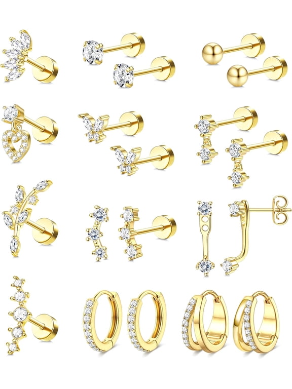 Hypoallergenic Flat Back Earrings Set - 14K Gold Plated Cartilage Earrings for Women Surgical Steel Flatback Stud Hoop Earring Stacks for Helix Tragus Conch Piercing Jewelry (Singles & Pairs)