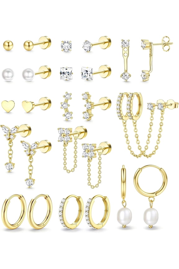 Hypoallergenic Flat Back Earrings Set for Women, Surgical 14K Gold Plated Cartilage Earring Stacks for Multiple Piercing Jewelry