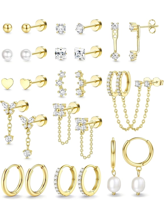 Hypoallergenic Flat Back Earrings Set for Women, Surgical 14K Gold Plated Cartilage Earring Stacks for Multiple Piercing Jewelry
