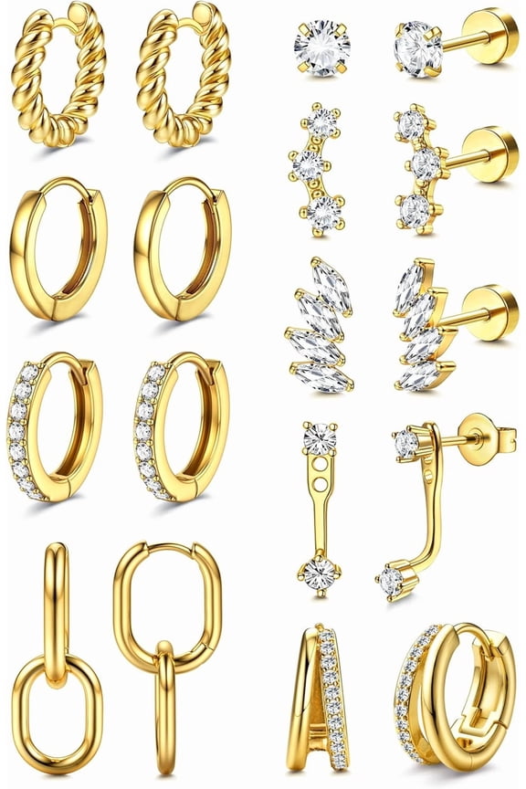 Hypoallergenic Flat Back Earrings for Women-14K Gold Plated Cartilage Earring Stacks-20G Surgical Stainless Steel Earrings-Small Flatback Stud Hoop Earring Sets for Multiple Piercing Jewelry[i051]