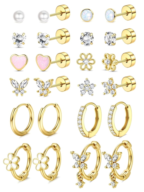 Hypoallergenic Flat Back Earrings for Women Earring Set-Surgical Steel Earrings for Sensitive Ears-14K Gold Plated Stainless Steel Flatback Studs Screw Back Small Hoop Cartilage Earring Stacks