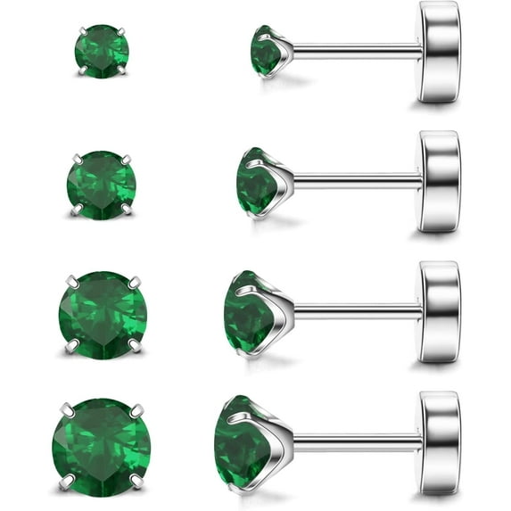 Hypoallergenic Flat Back Earrings for Women & Men, 4 Pairs Implant Grade Titanium Stud Earrings with Flat Backs for Cartilage, Screw Back Pure Titanium Earrings Set for Sensitive Ears with CZ