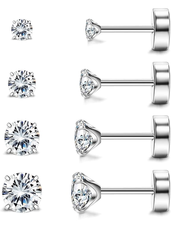 Hypoallergenic Flat Back Earrings for Women & Men, 4 Pairs Implant Grade Titanium Stud Earrings with Flat Backs for Cartilage, Screw Back Pure Titanium Earrings Set for Sensitive Ears with CZ