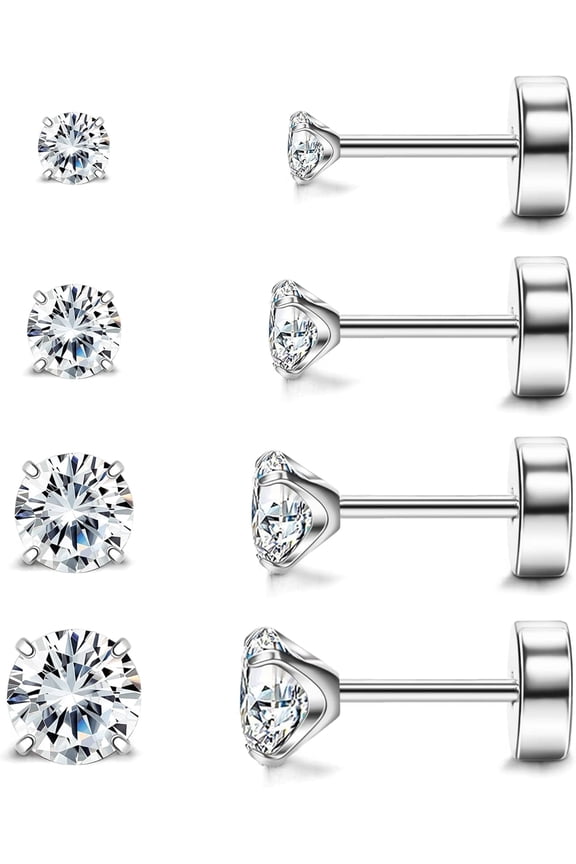 Hypoallergenic Flat Back Earrings for Women & Men, 4 Pairs Implant Grade Titanium Stud Earrings with Flat Backs for Cartilage, Screw Back Pure Titanium Earrings Set for Sensitive Ears with CZ