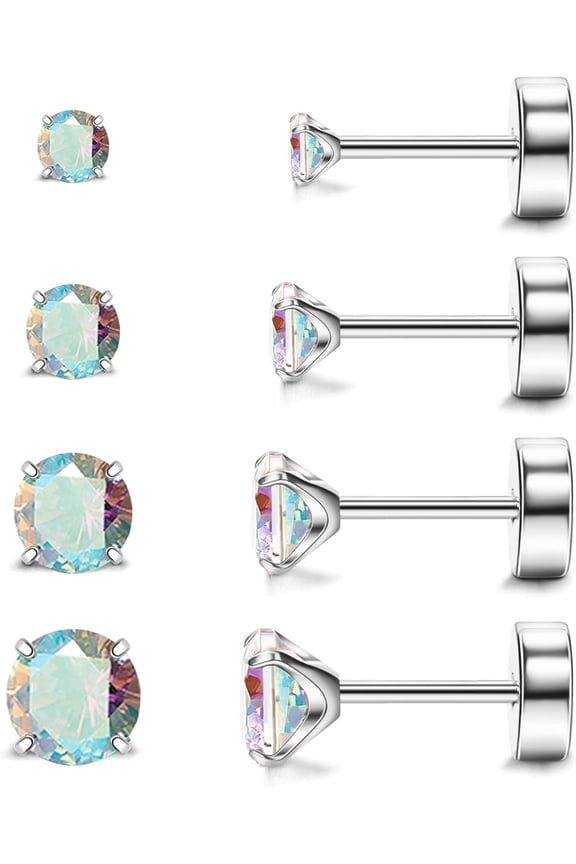 Hypoallergenic Flat Back Earrings for Women & Men, 4 Pairs Implant Grade Titanium Stud Earrings with Flat Backs for Cartilage, Screw Back Pure Titanium Earrings Set for Sensitive Ears with CZ