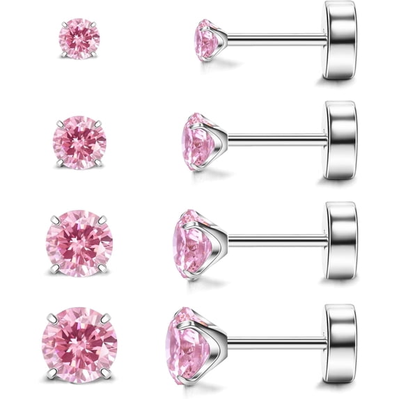 Hypoallergenic Flat Back Earrings for Women & Men, 4 Pairs Implant Grade Titanium Stud Earrings with Flat Backs for Cartilage, Screw Back Pure Titanium Earrings Set for Sensitive Ears with CZ