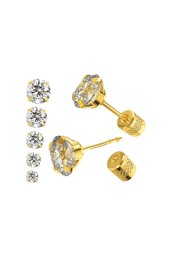 Hypoallergenic Flat Back Earrings for Women & Men - 5 Pairs Push-in Studs, Surgical Steel Cubic Zirconia Earrings Set 4-8mm, Comfort Wear Cartilage & Lobe Jewelry
