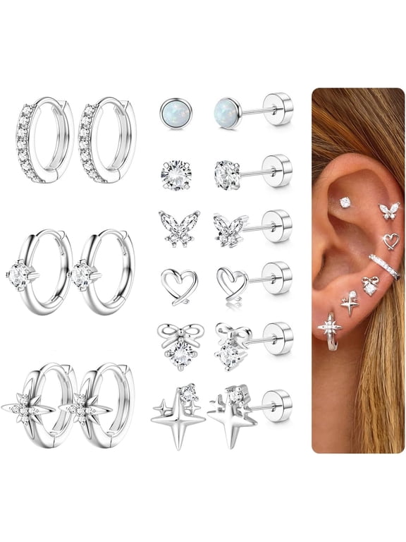 Hypoallergenic Flat Back Earrings for Women Men Surgical Steel Earring for Sensitive Ears, 14K Gold Plated Stainless Steel Flatback Stud Hoop Cartilage Earring Stacks for Multiple Piercing