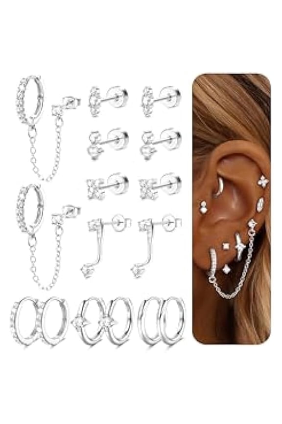 Hypoallergenic Flatback Stud Hoop 14K Gold Plated Earrings Stacks - Surgical Stainless Steel Earring Set Chain Cartilage Earrings - Small Ear Piercing Flat Back Earring for Women Trendy
