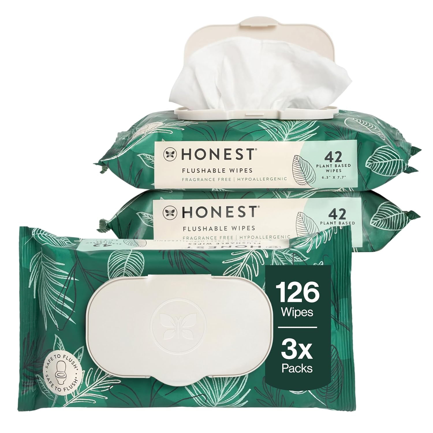 Hypoallergenic Flushable Wipes for Sensitive Skin, Tropical Leaves, 126 Count