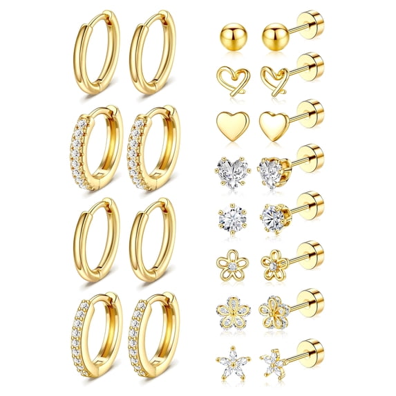 Hypoallergenic Gold Stud Earrings for Women - 14k Gold Plated Surgical Stainless Steel Flat back Earrings Small Huggie Hoop Flatback Earring for Sensitive Ears Screw Back Cartilage Piercing Jewelry