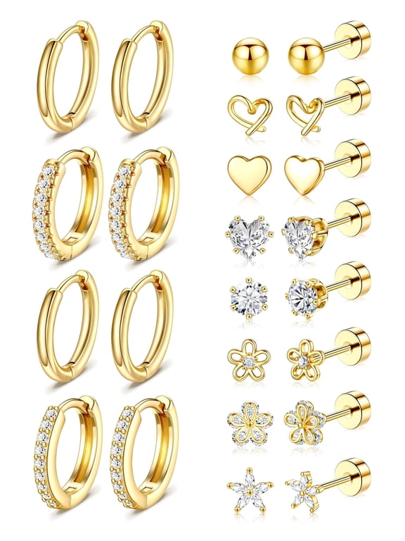 Hypoallergenic Gold Stud Earrings for Women - 14k Gold Plated Surgical Stainless Steel Flat back Earrings Small Huggie Hoop Flatback Earring for Sensitive Ears Screw Back Cartilage Piercing Jewelry