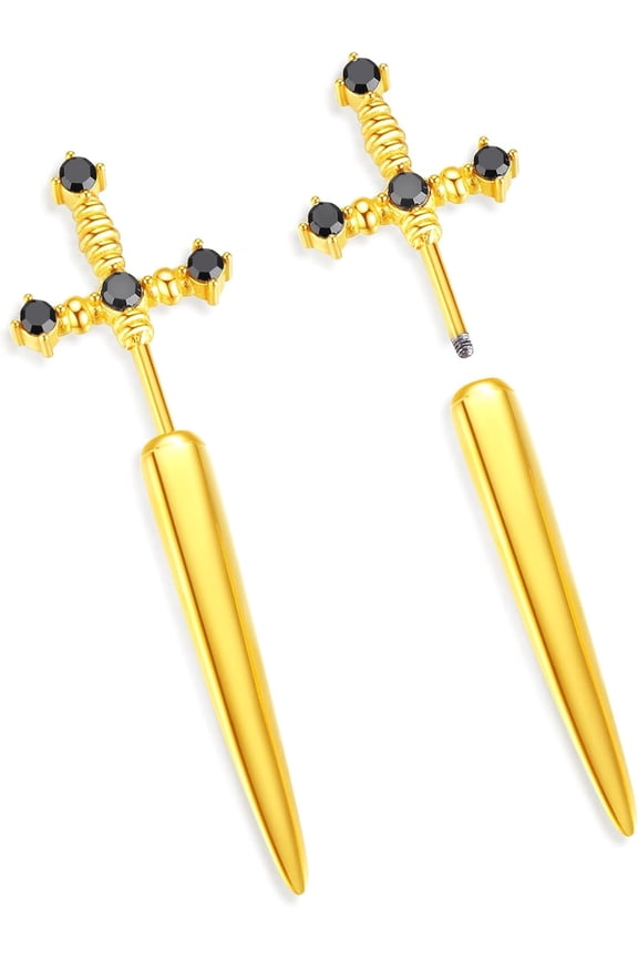 Hypoallergenic Gothic Sword Earrings for Women Men, Stainless Steel Goth Dagger Screw Back Cool Mens Fake Gauge Illusion Jewelry, 18g Ear Jacket Earrings[q048]