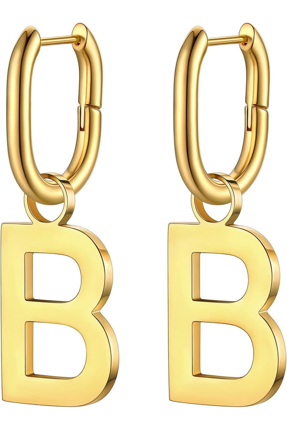 Hypoallergenic Initial Dangle Earrings For Women, Chunky U-Shape Huggie Hoops With 26 Letters, Stainless Steel In Silver/Gold/Black Tone, High Street Monogram Jewelry For Women[Z1]