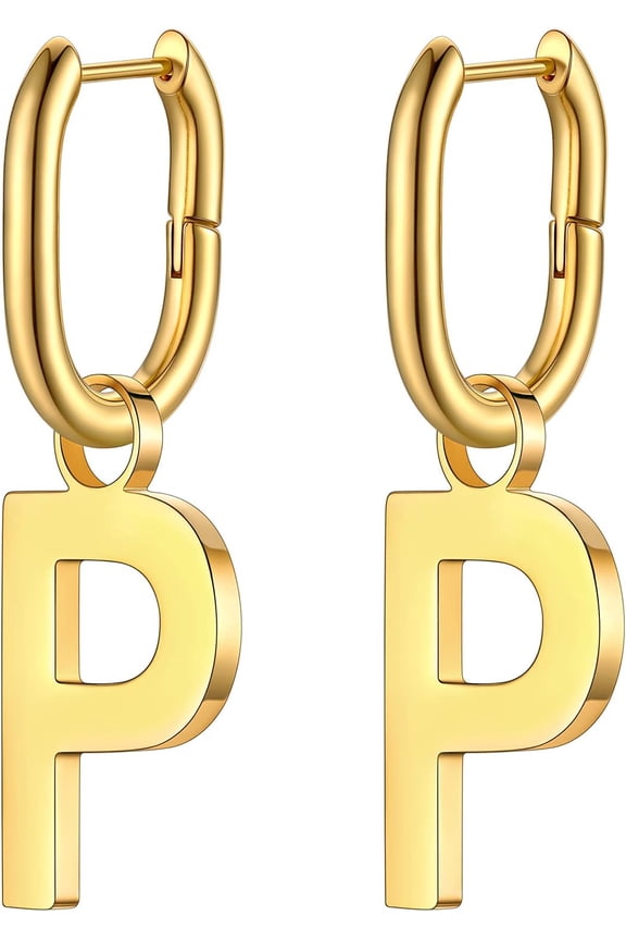 Hypoallergenic Initial Dangle Earrings For Women, Chunky U-Shape Huggie Hoops With 26 Letters, Stainless Steel In Silver/Gold/Black Tone, High Street Monogram Jewelry For Women[Z1]