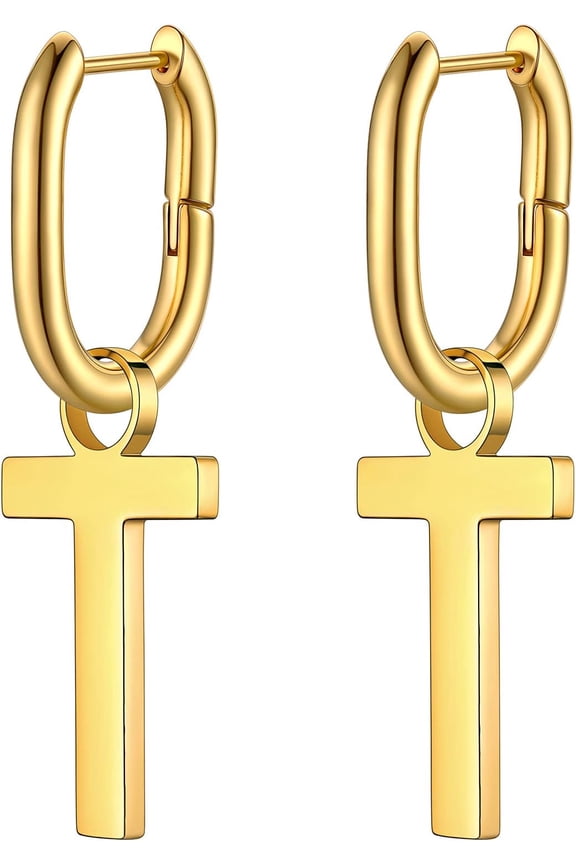 Hypoallergenic Initial Dangle Earrings For Women, Chunky U-Shape Huggie Hoops With 26 Letters, Stainless Steel In Silver/Gold/Black Tone, High Street Monogram Jewelry For Women[Z1]