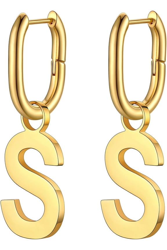 Hypoallergenic Initial Dangle Earrings For Women, Chunky U-Shape Huggie Hoops With 26 Letters, Stainless Steel In Silver/Gold/Black Tone, High Street Monogram Jewelry For Women[Z1]