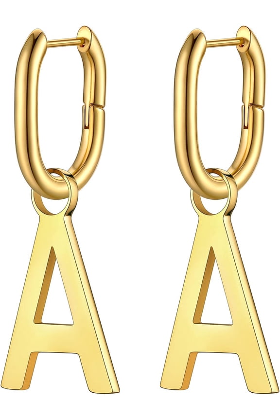 Hypoallergenic Initial Dangle Earrings For Women, Chunky U-Shape Huggie Hoops With 26 Letters, Stainless Steel In Silver/Gold/Black Tone, High Street Monogram Jewelry For Women[Z1]