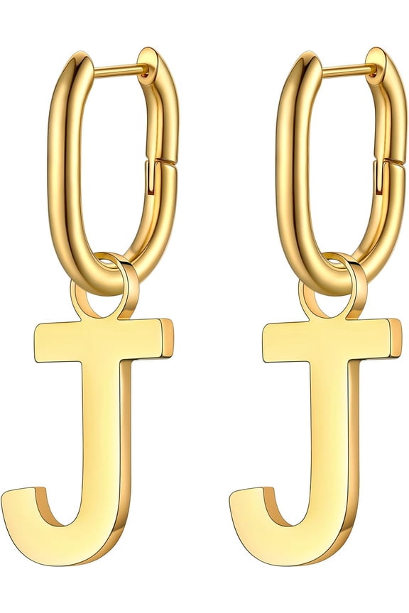 Hypoallergenic Initial Dangle Earrings For Women, Chunky U-Shape Huggie Hoops With 26 Letters, Stainless Steel In Silver/Gold/Black Tone, High Street Monogram Jewelry For Women[Z1]