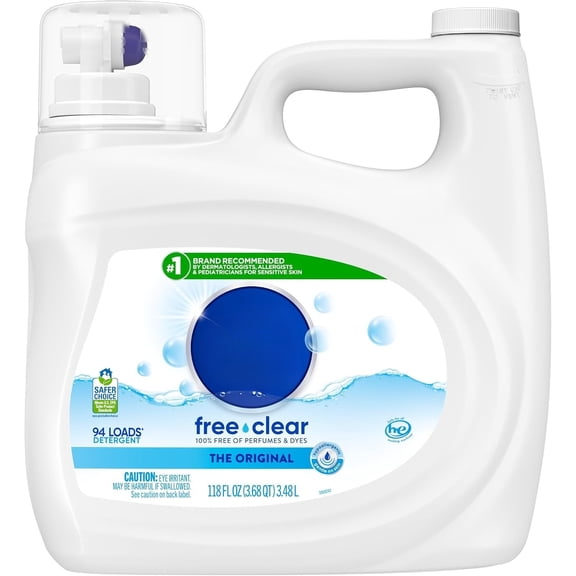 Hypoallergenic Liquid Laundry Detergent, Free & Clear Formula, Unscented, 94 Loads, 118 fl oz, Gentle Deep Cleaning for Sensitive Skin and All Fabrics