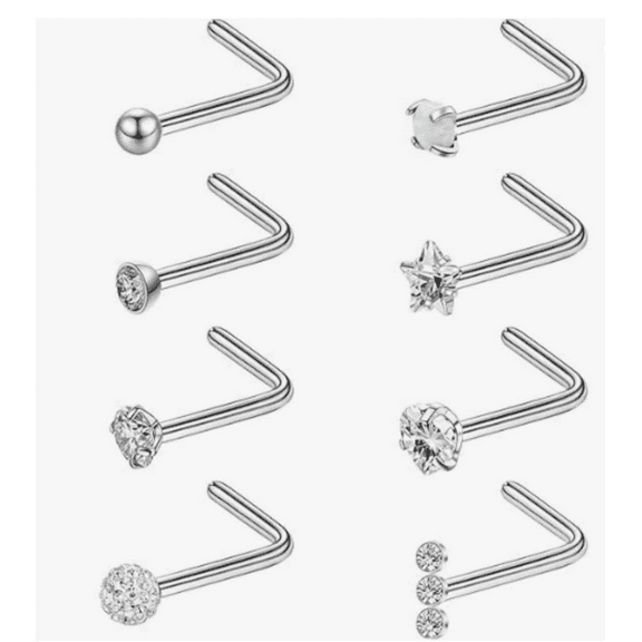 Hypoallergenic Nose Rings 20G Titanium Nose Rings Studs L Shaped Nose Studs Rings Cubic Zirconia Opal Heart Ball Labret Lip Nose Piercing Jewelry for Women Men