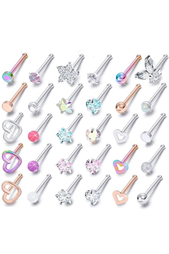 Hypoallergenic Nose Rings for Women Men - 30 Pcs Surgical Stainless Steel Nose Rings Studs Straight Studs Rings Cubic Zirconia Labret Lip Nose Nostril Piercing Jewelry 18G 20G