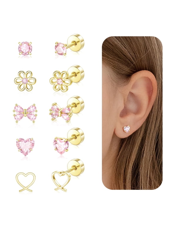 Hypoallergenic Screw Back Flat Back Stud Earrings, Lightweight Surgical Steel Cute Pink CZ Bow Butterfly Heart Flower Design, 14K Gold Plated for Sensitive Ears