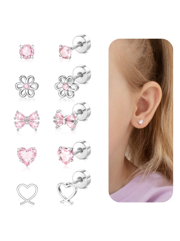 Hypoallergenic Screw Back Flat Back Stud Earrings, Lightweight Surgical Steel Cute Pink CZ Bow Butterfly Heart Flower Design, 14K Gold Plated for Sensitive Ears