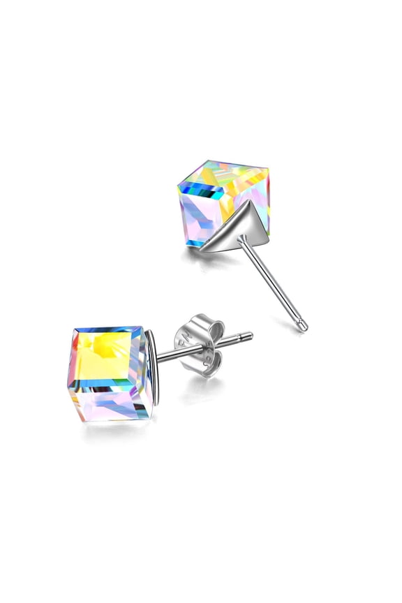 Hypoallergenic Sterling Silver Cube Stud Earrings with Aurora Boreali Crystals from Austria Valentines Day Gifts for Her Fine Jewelry Gifts for Women (Aurora Boreali)
