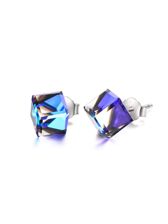 Hypoallergenic Sterling Silver Cube Stud Earrings with Blue Aurora Crystals from Austria Valentines Day Gifts for Her Fine Jewelry Gifts for Women (Blue)