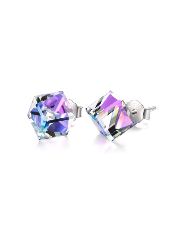 Hypoallergenic Sterling Silver Cube Stud Earrings with Light Purple Crystals from Austria Valentines Day Gifts for Her Fine Jewelry Gifts for Women