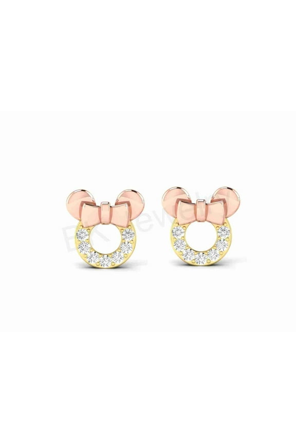 Hypoallergenic Mouse Stud Earrings with Secure Safety Screwback 14K Yellow Gold Over 925 Sterling Silver For Women