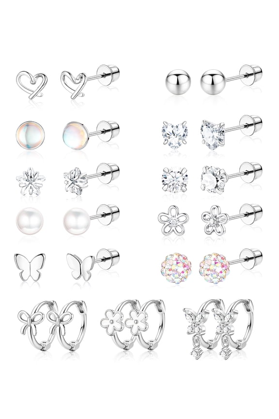 Hypoallergenic Surgical Stainless Steel Earrings - Screw Back Earrings for Sensitive Ears Cute Flower Heart Pearl bow Earrings for Women
