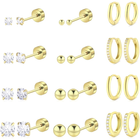 Hypoallergenic Surgical Steel Earrings for Women Men Sensitive Ears Dainty 14K Gold Plated Stainless Steel Earrings Flat Back Gold Small Stud Hoop Cartilage Earring Set for Multiple Piercing