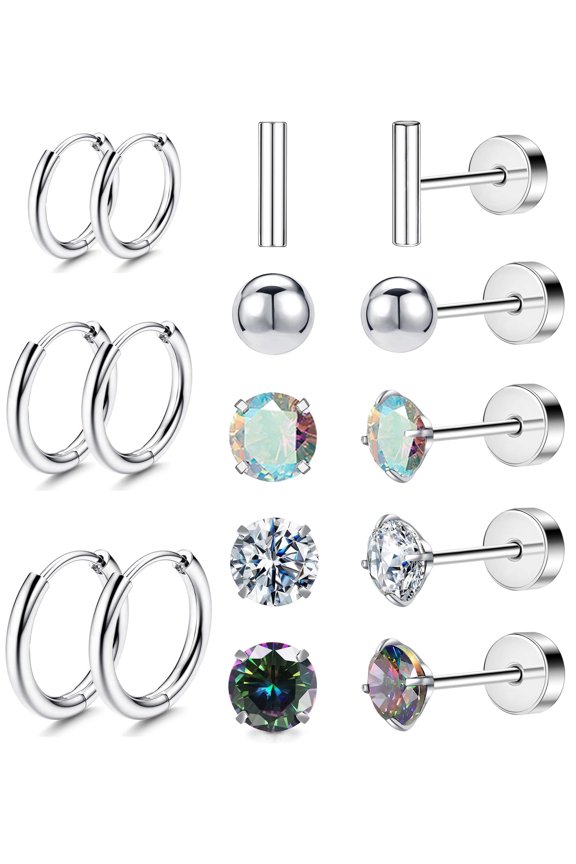 Hypoallergenic Titanium Earrings for Sensitive Ears 14K Gold Plated Opal Ball CZ Heart Flat Back Earrings for Women Men Small Surgical Steel Flatback Stud Hoop Cartilage Earring Set