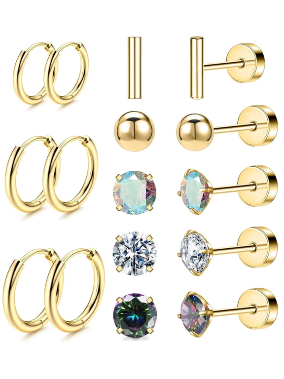 Hypoallergenic Titanium Earrings for Sensitive Ears 14K Gold Plated Opal Ball CZ Heart Flat Back Earrings for Women Men Small Surgical Steel Flatback Stud Hoop Cartilage Earring Set