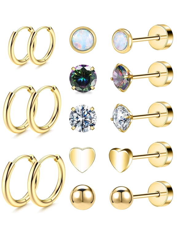 Hypoallergenic Titanium Earrings for Sensitive Ears 14K Gold Plated Opal Ball CZ Heart Flat Back Earrings for Women Men Small Surgical Steel Flatback Stud Hoop Cartilage Earring Set