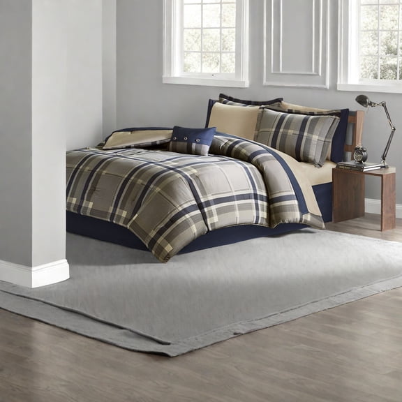 Hypoallergenic Twin XL Plaid Bedding Sets Polyester Comforter and Sheets Modern Navy Design for Bedroom