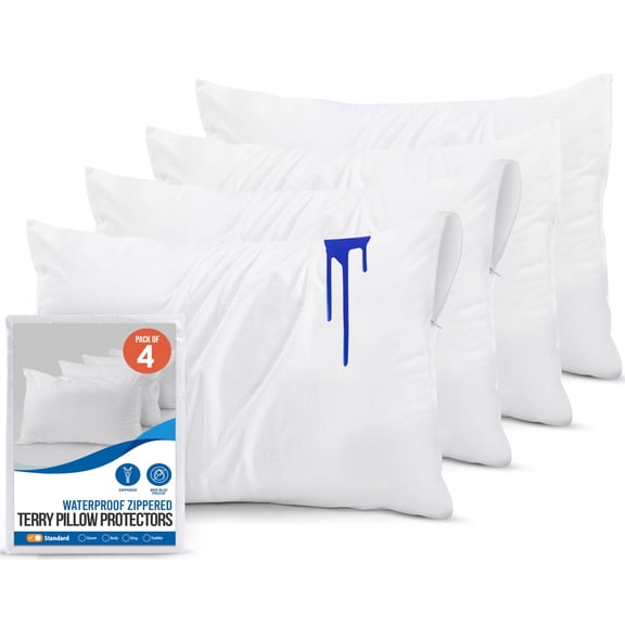 Hypoallergenic Waterproof Pillow Protectors 4 Pack, Terry Zippered Covers Standard Size for Bed BugsMites, White